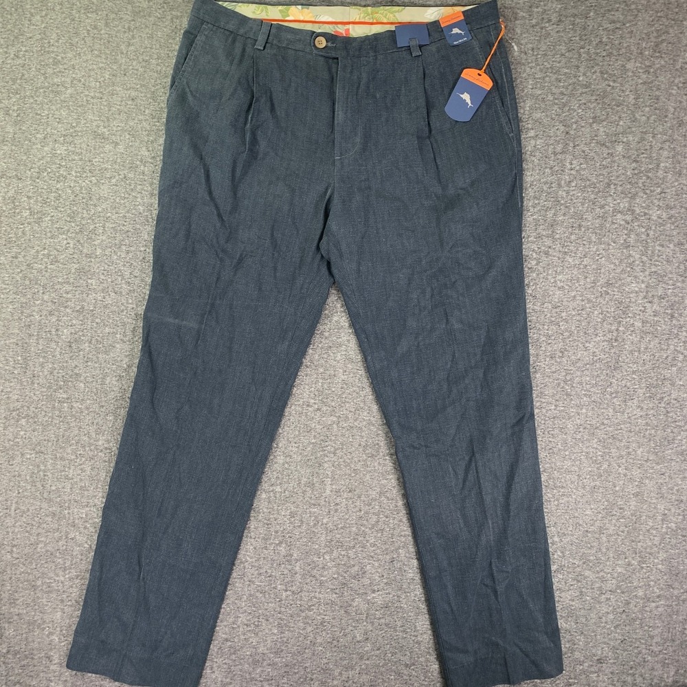 Tommy Bahama Pants Men 38x34 Pleated Silk Cotton Blue Trousers Casual NEW